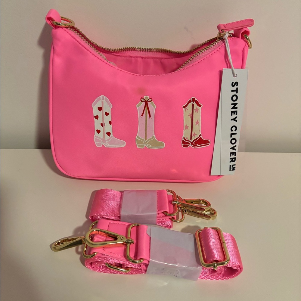 Stoney Clover Lane Hand Painted Cowboy Boots Bubblegum Curved Crossbody Bag